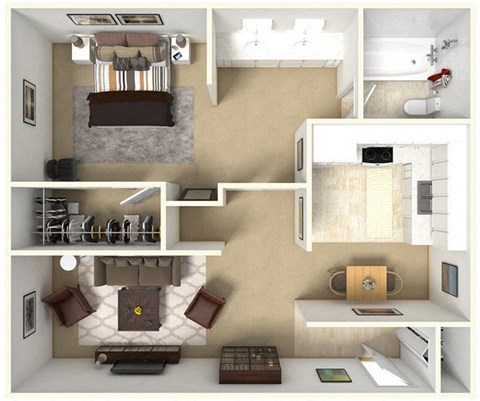 Floor plan for 1 bed, 1 bath, 672 sqft